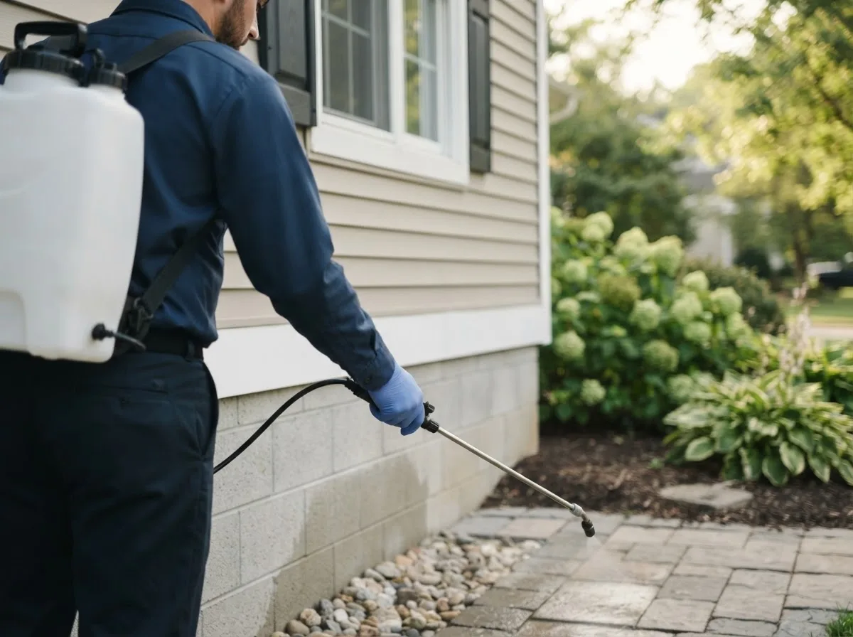 Pest control technician inspecting a home in Hayes Center, NE
